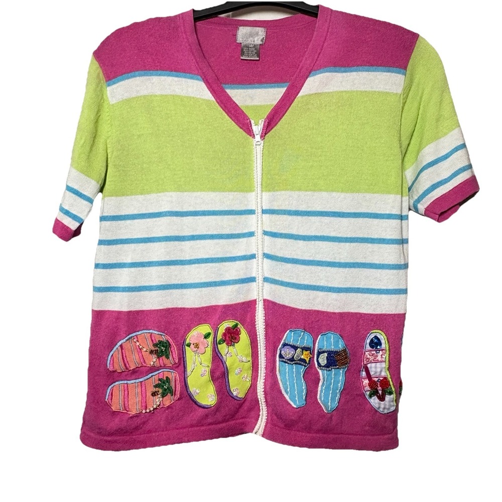 Berek Sweater Light‎ Weight Women's Sz M Flip Flops Summer Theme Short Sleeve